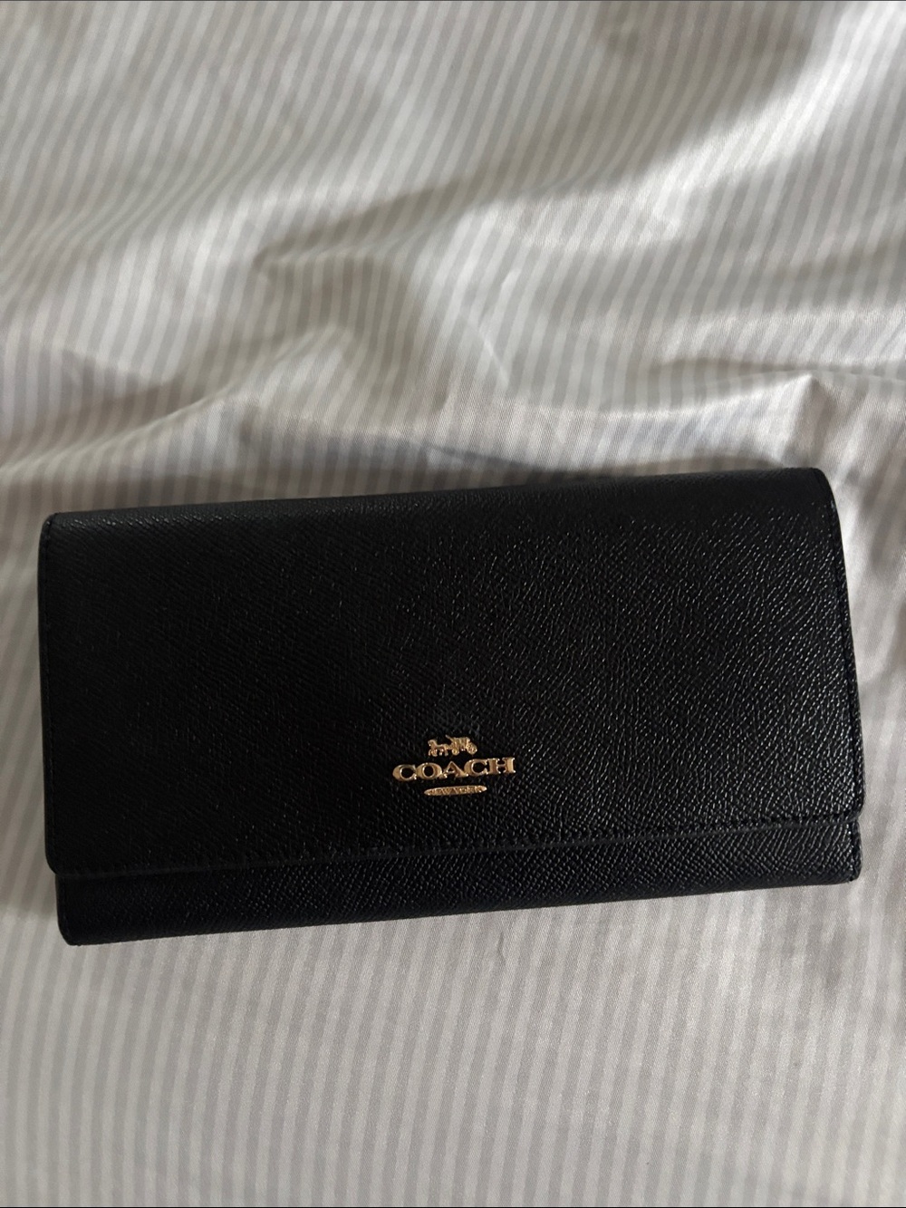 Coach Black Leather Long Fold Wallet with Gold Logo